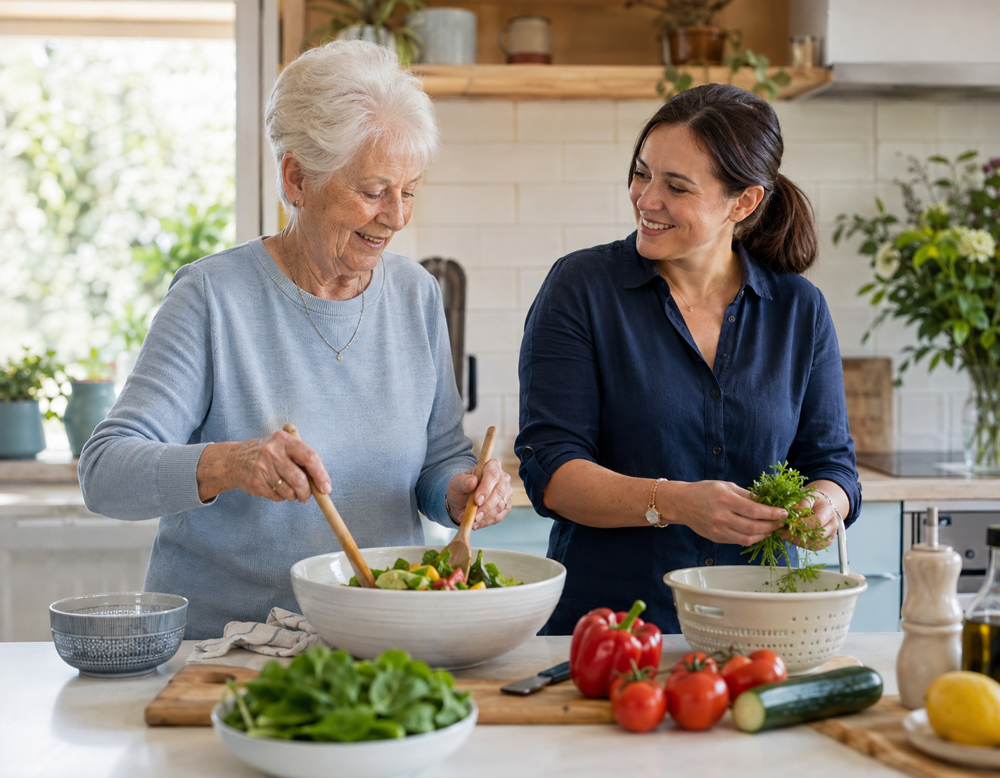 Older woman preparing a healthy meal with assistance from a home-care support worker