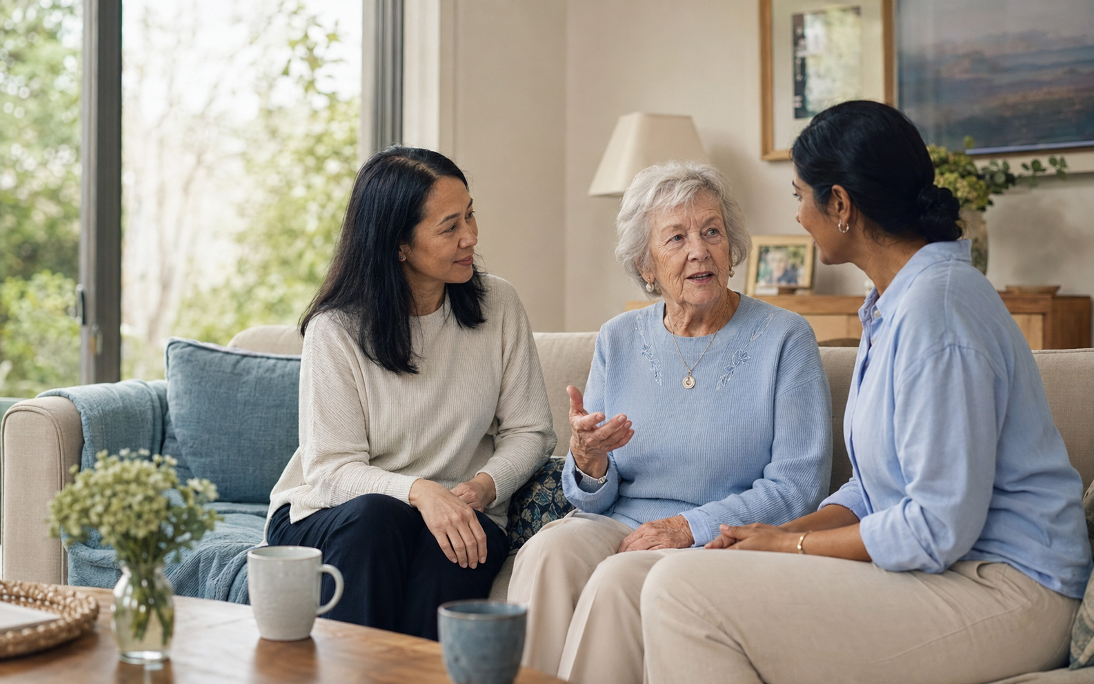 An older woman discussing her preferences with a family member and a care professional at home