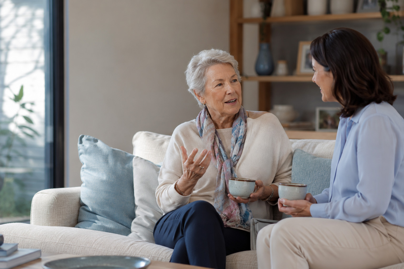 Older woman enjoying a relaxed conversation with a home-care support worker