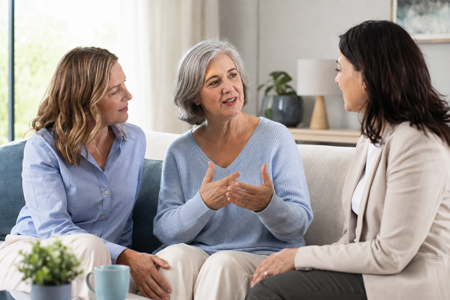 A person and family member having a respectful referral conversation with a Blue Lotus Care coordinator